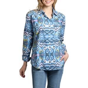 APNY Blue Ikat Print Button Front Cotton Blouse Boho Lightweight Shirt NWT | XXL